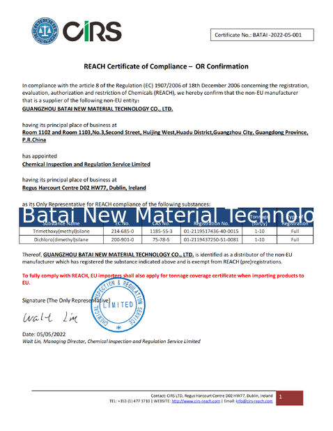 Chiny Guangzhou Batai New Material Technology Co., Ltd. Certyfikaty